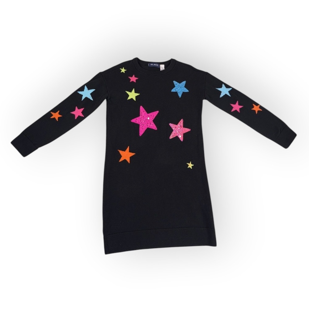 The Childrens Place Girls Black Star Sequin Knit Sweater Dress Size 7/8 M
